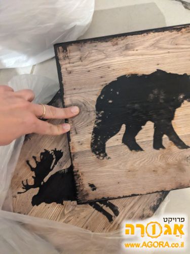 סט 3 תמונות עץ הדפס חיות שחור