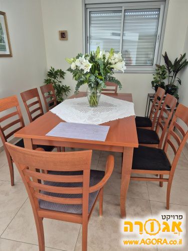 שולחן אוכל מתארך+שמונה כיסאות תואמים
