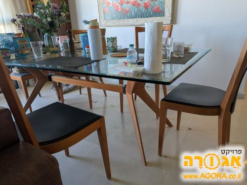 שולחן אוכל עם פלטת זכוכית עם 6 כיסאות